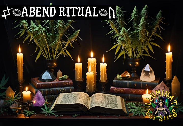 witch altar with candles, book, crystals and cannabis flowers, an illuminati Lost seeds logo in the right lower corner and category title: night ritual on the top