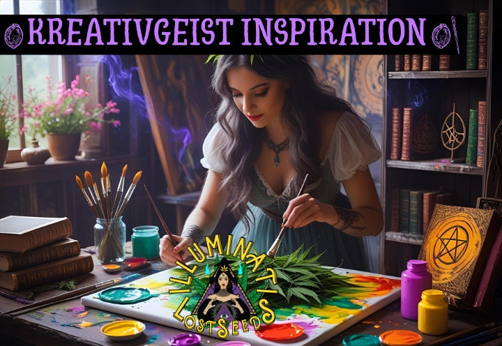 a witch is painting colourful and green cannabis leafes in a witchy room, illuminati lost seeds logo on the painting and category title: creative inspiration on the top