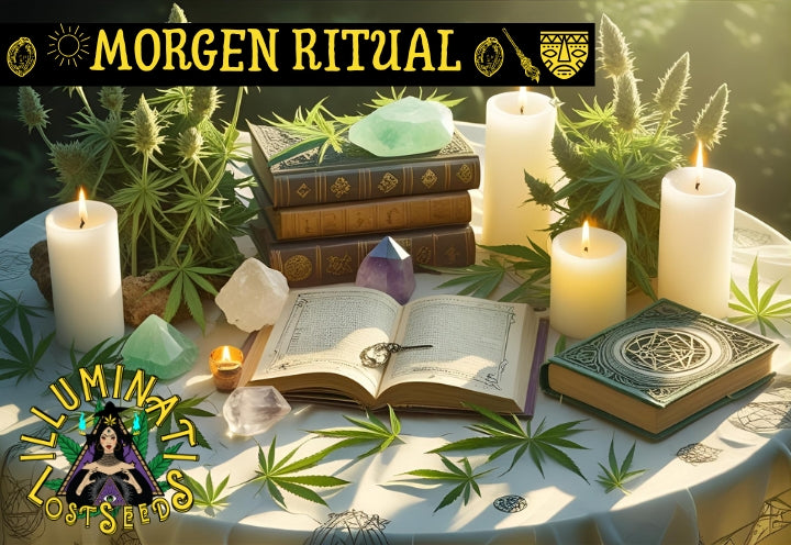 hell witch altar with candle, sunshine, book, cannabis leafs and illumiati lost seed logo in the left lower corner and category title on the top: morning ritual