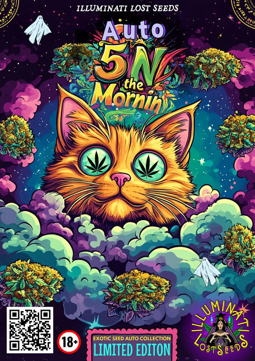 Vibrant packaging design for Auto 5N the Mornin cannabis seeds by Illuminati Lost Seeds, featuring a psychedelic orange cat with cannabis leaf eyes, colorful clouds, floating buds, 18+ warning, QR code and limited edition branding