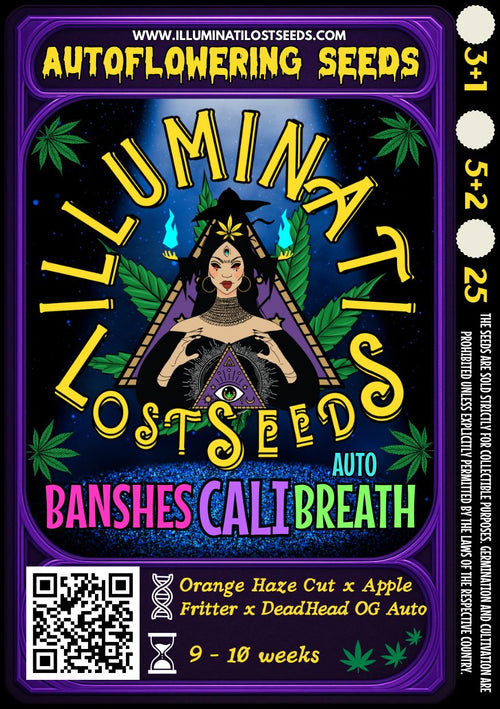 Colorful packaging for Banshes Cali Breath Auto cannabis seeds by Illuminati Lost Seeds, featuring mystical symbols, cannabis leaves, bold psychedelic fonts, strain genetics, flowering duration and autoflowering label.