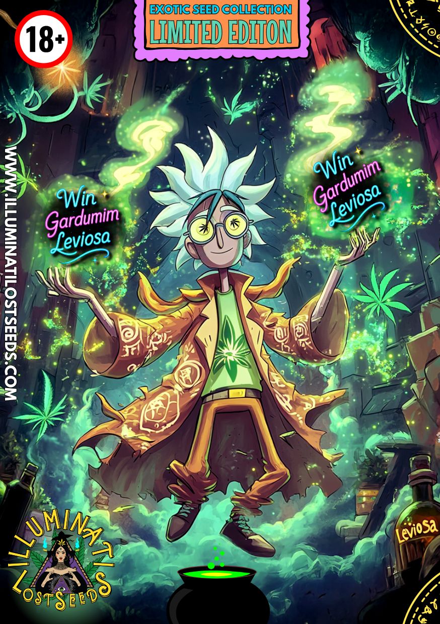 Limited edition packaging design for Win Gardumim Leviosa cannabis seeds by Illuminati Lost Seeds, featuring a mystical wizard floating above a cauldron with glowing green magic, cannabis leaves, spell symbols, and bold branding.