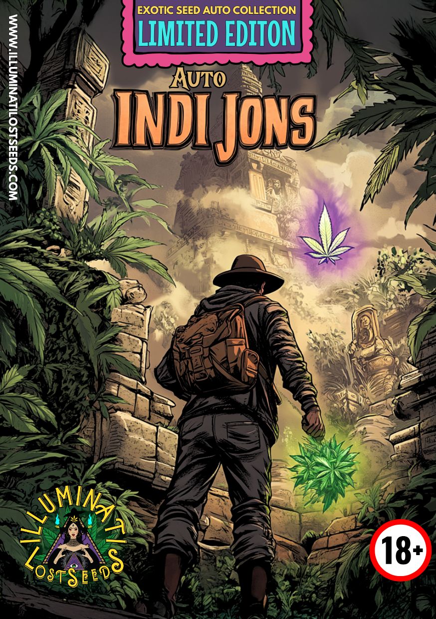 Adventure-themed packaging for Auto Indi Jons cannabis seeds by Illuminati Lost Seeds, featuring an explorer in a jungle setting near ancient ruins, glowing cannabis leaves, limited edition label and 18+ warning