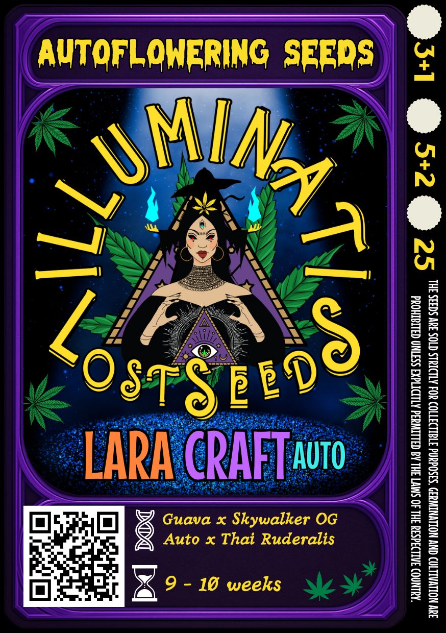 Colorful packaging design for Illuminati Lost Seeds Lara Craft Auto cannabis seeds, featuring mystical wizard graphics, glowing blue flames, cannabis leaves and product details for autoflowering genetics.