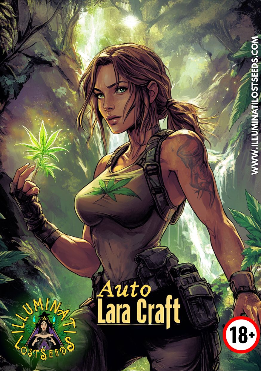 Illustrated packaging for Auto Lara Craft cannabis seeds by Illuminati Lost Seeds, featuring an adventurous female explorer in tactical gear holding a cannabis leaf, lush jungle waterfall background, 18+ label and bold branding.