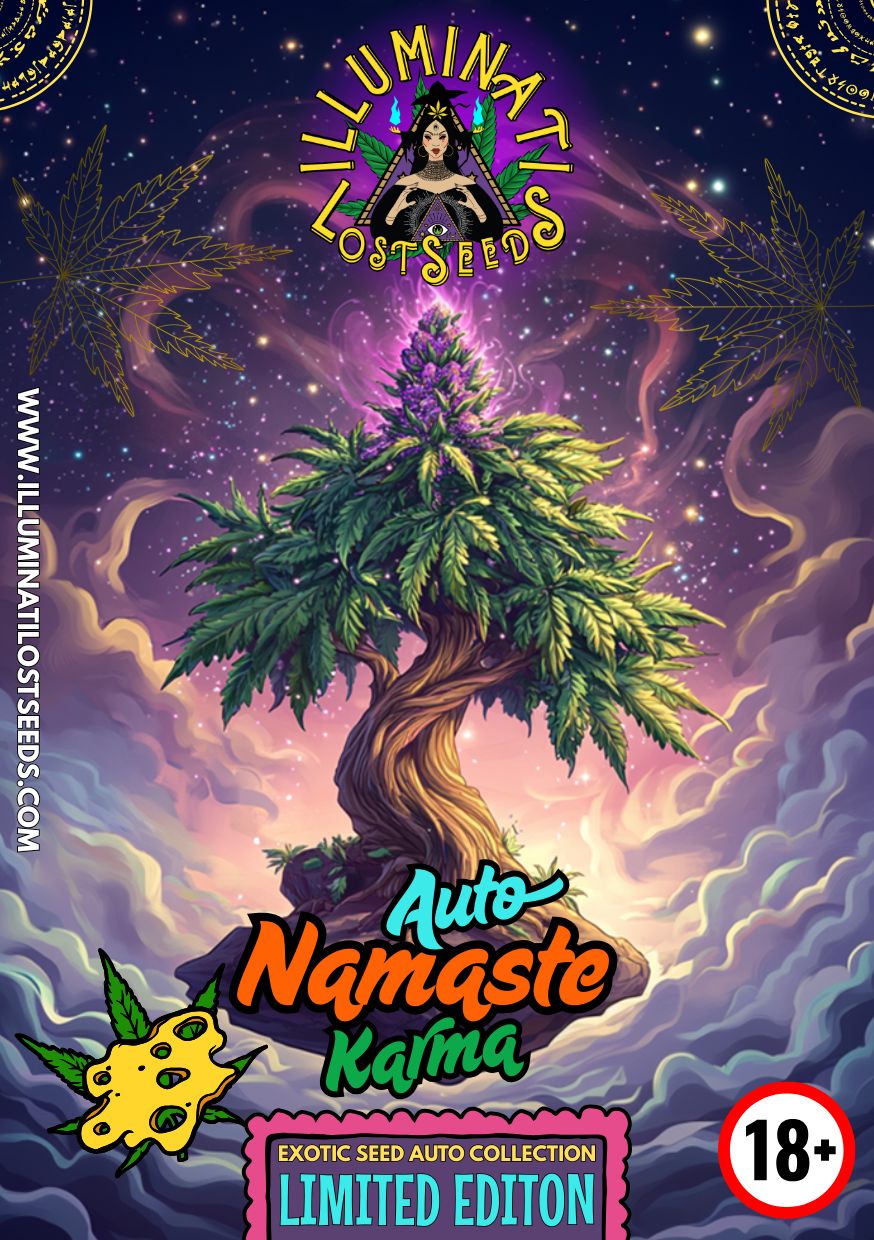 Vibrant packaging art for Illuminati Lost Seeds Auto Namaste Karma cannabis seeds, featuring a mystical, flowering cannabis tree against a cosmic sky with colorful branding, limited edition and 18+ labels.