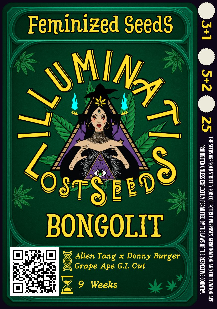 Detailed packaging design for Bongolit feminized cannabis seeds by Illuminati Lost Seeds, featuring mystical artwork with DNA and hourglass icons, bold yellow branding, genetic lineage, flowering time.