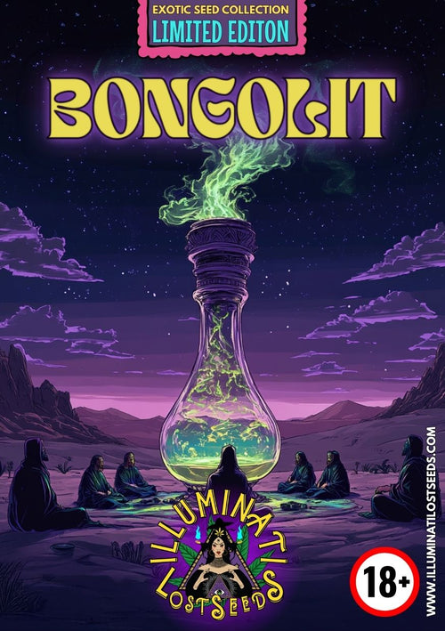 Artistic packaging for Bongolit feminized cannabis seeds by Illuminati Lost Seeds, featuring a glowing mystical potion bottle, green smoke, cloaked figures in a desert under a starry night sky, bold yellow branding, limited edition and 18+ labels.