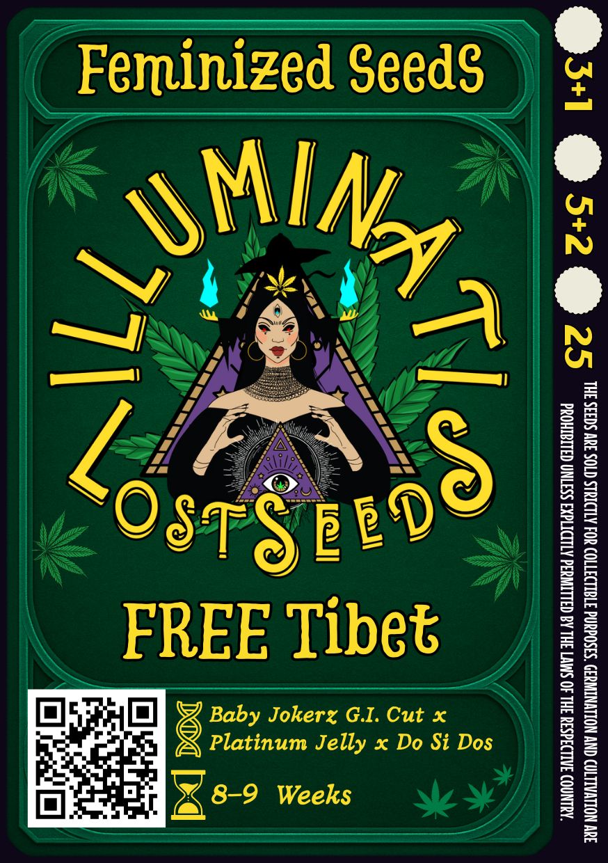 Detailed packaging design for Free Tibet feminized cannabis seeds by Illuminati Lost Seeds, featuring mystical artwork with DNA and hourglass icons, bold yellow branding, genetic lineage, flowering time.