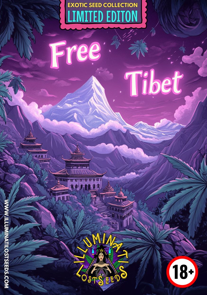 Limited edition cannabis seed packaging for Illuminati Lost Seeds Free Tibet, featuring mystical Himalayan mountains, traditional Tibetan monastery buildings, vibrant purple sky with clouds, bold Free Tibet slogan, exotic seed collection branding, age 18+ warning label.