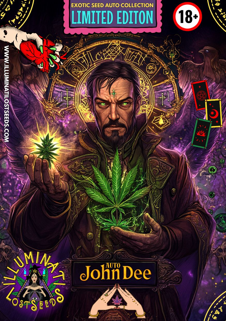 Limited edition packaging design for Illuminati Lost Seeds Auto John Dee cannabis seeds, featuring mystical alchemist artwork holding glowing cannabis leaves, surrounded by arcane symbols, tarot cards, and 18+ label.