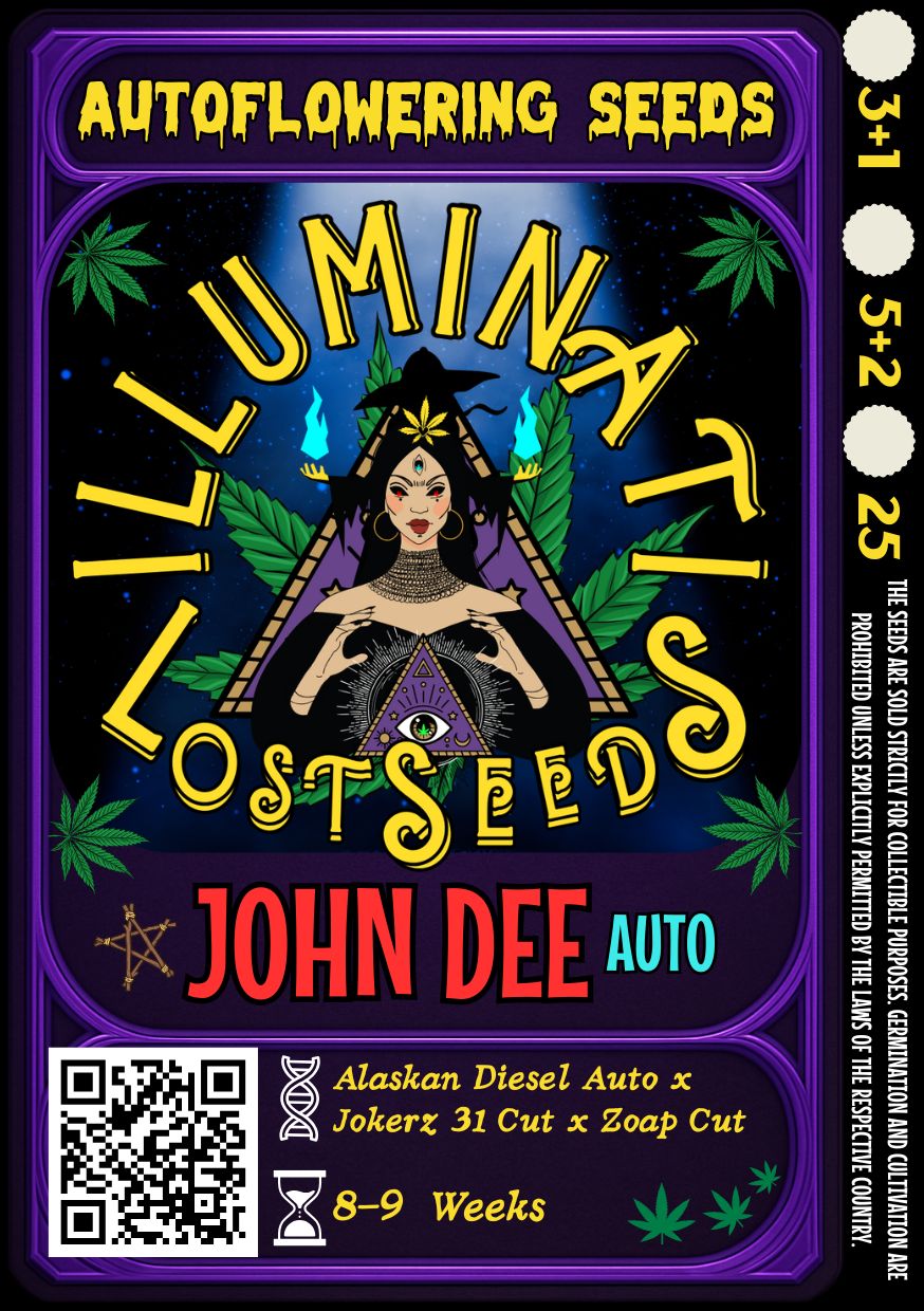 Colorful packaging design for Illuminati Lost Seeds John Dee Auto cannabis seeds, featuring mystical wizard graphics, glowing blue flames, cannabis leaves and product details for autoflowering genetics.