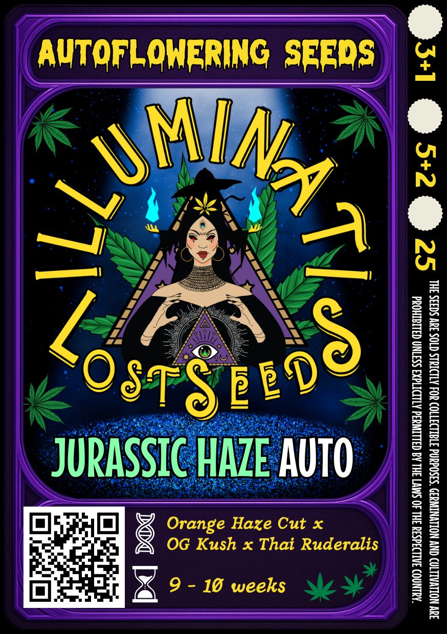 Colorful packaging design for Illuminati Lost Seeds Jurassic Haze Auto cannabis seeds, featuring mystical wizard graphics, glowing blue flames, cannabis leaves and product details for autoflowering genetics.