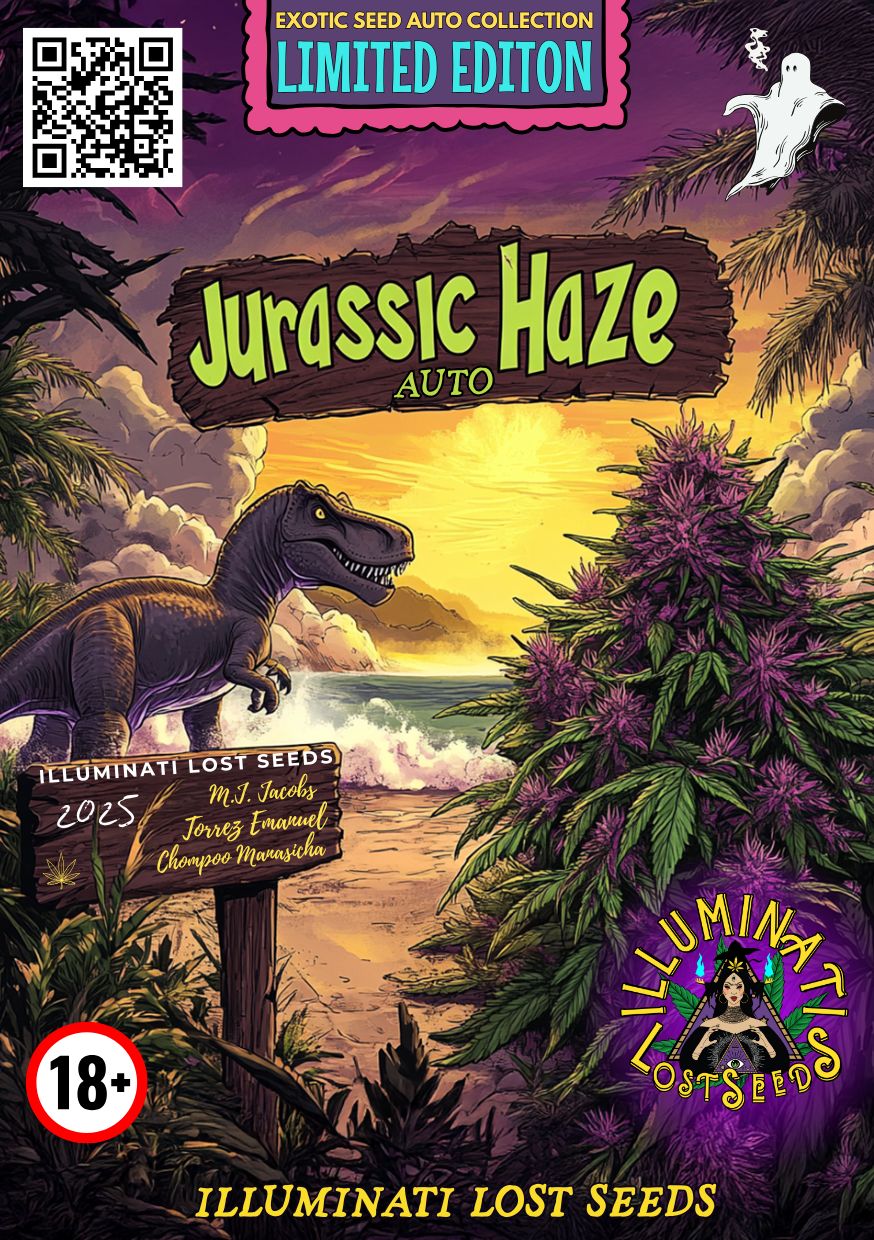 Jurassic Haze Auto cannabis seed packaging by Illuminati Lost Seeds, featuring illustrated dinosaur, tropical sunset beach, purple-flowered cannabis plant, limited edition label, 18+ warning and vibrant branding.