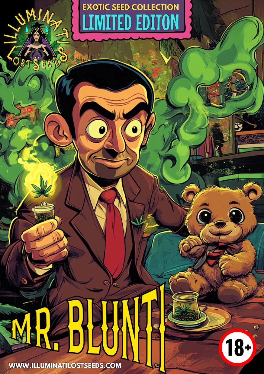 Limited edition packaging for Mr. Blunti cannabis seeds by Illuminati Lost Seeds, featuring a cartoon character in a suit with cannabis leaf accessories, smoking green clouds in a lounge setting with a teddy bear, bold branding, age 18+ warning and vibrant artwork.