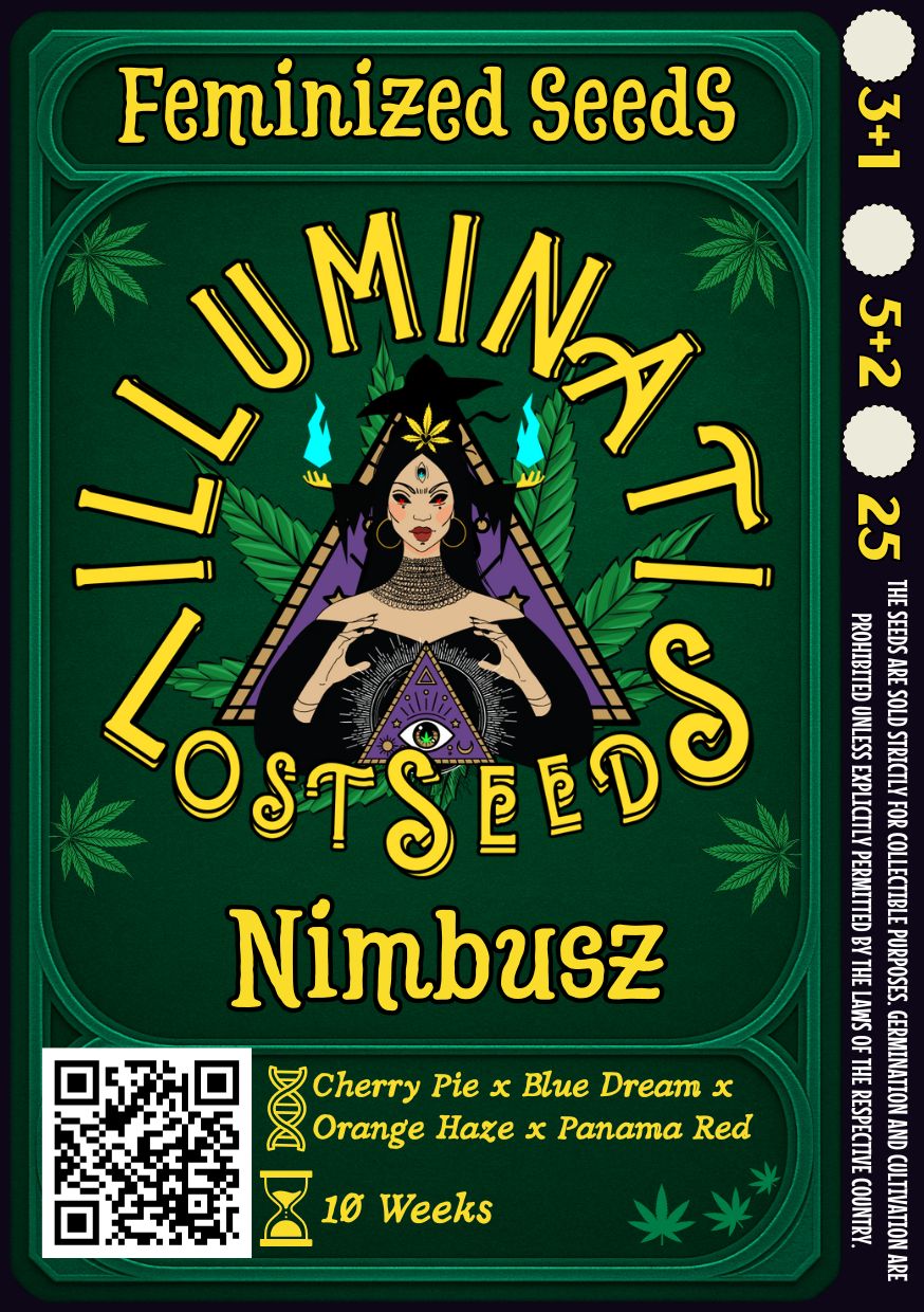 Detailed packaging design for NimbusZ feminized cannabis seeds by Illuminati Lost Seeds, featuring mystical artwork with DNA and hourglass icons, bold yellow branding, genetic lineage, flowering time.