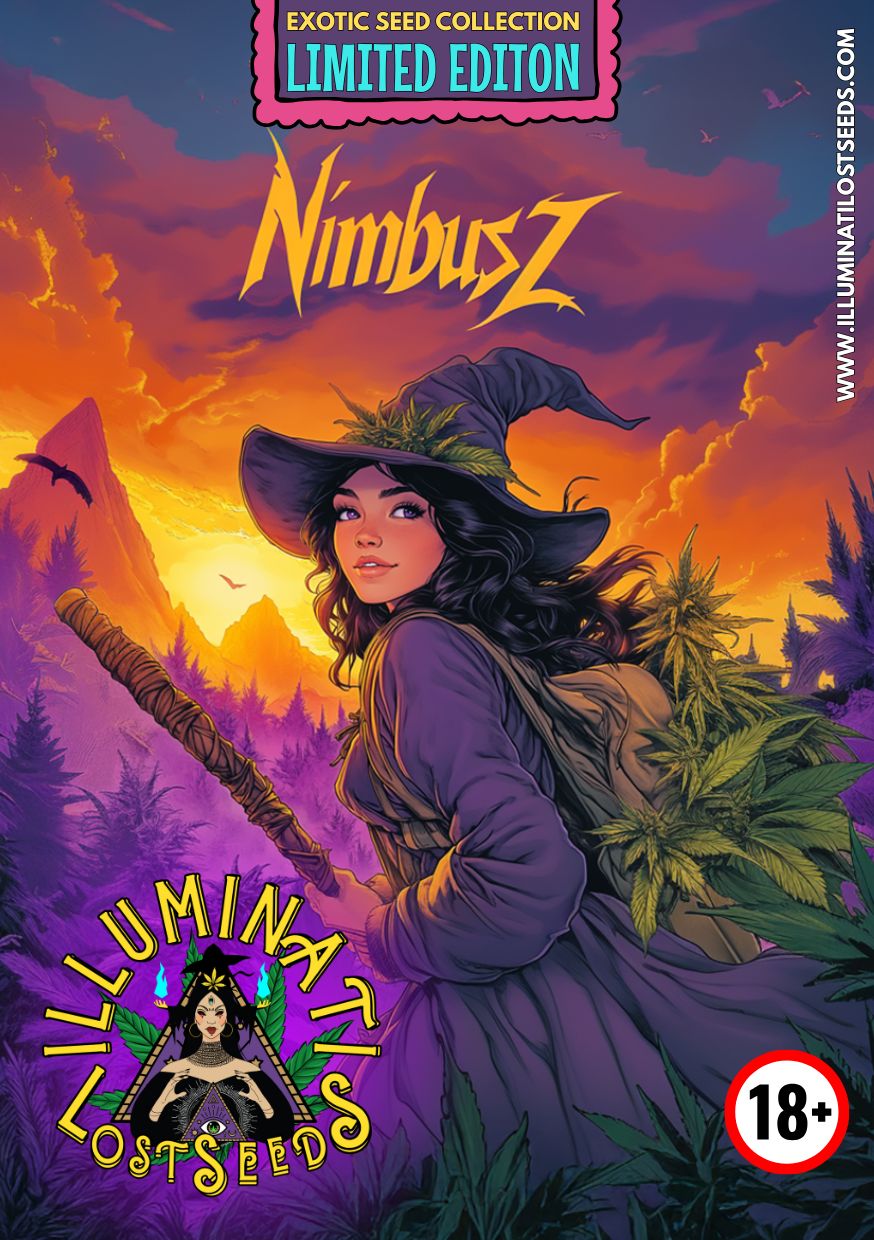 Limited edition packaging design for NimbusZ cannabis seeds by Illuminati Lost Seeds, featuring a mystical witch in a purple cloak and hat holding a staff, surrounded by lush cannabis plants, vibrant sunset mountain landscape, bold branding and 18+ label.