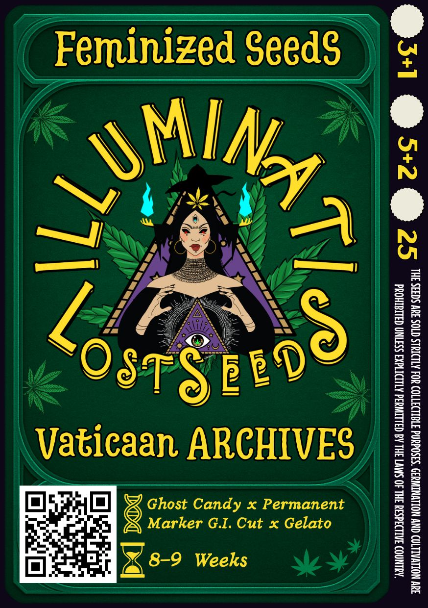 Detailed packaging design for Vaticaan ARCHIVES feminized cannabis seeds by Illuminati Lost Seeds, featuring mystical artwork with DNA and hourglass icons, bold yellow branding, genetic lineage, flowering time.