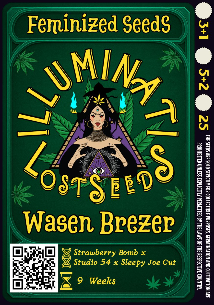 Detailed packaging design for Wasen Brezer feminized cannabis seeds by Illuminati Lost Seeds, featuring mystical artwork with DNA and hourglass icons, bold yellow branding, genetic lineage, flowering time.