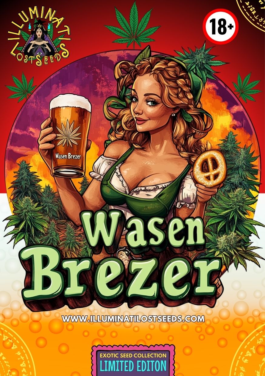 Limited edition packaging design for Wasen Brezer cannabis seeds by Illuminati Lost Seeds, featuring a festive Bavarian-style woman in traditional green dirndl holding a beer glass with cannabis leaf, surrounded by pretzels and lush cannabis plants, set against a vibrant sunset background with 18+ label