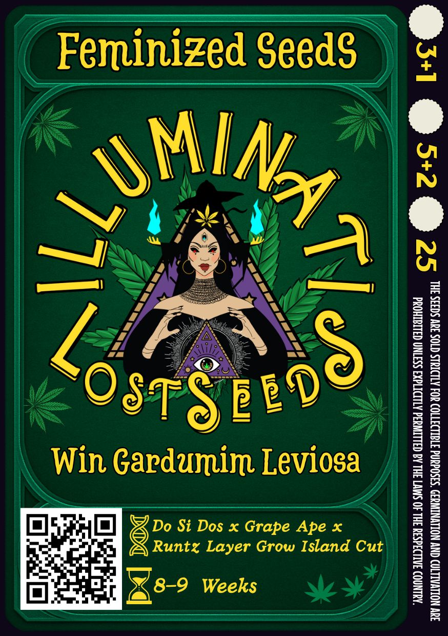 Detailed packaging design for Win Gardumim Leviosa feminized cannabis seeds by Illuminati Lost Seeds, featuring mystical artwork with DNA and hourglass icons, bold yellow branding, genetic lineage, flowering time.