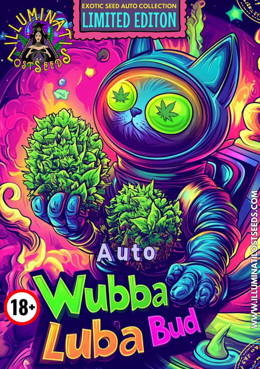 Vibrant packaging design for Auto Wubba Luba Bud cannabis seeds by Illuminati Lost Seeds, featuring a futuristic cat astronaut holding large cannabis buds with leaf-shaped eyes, psychedelic cosmic background, limited edition and 18+ labels.