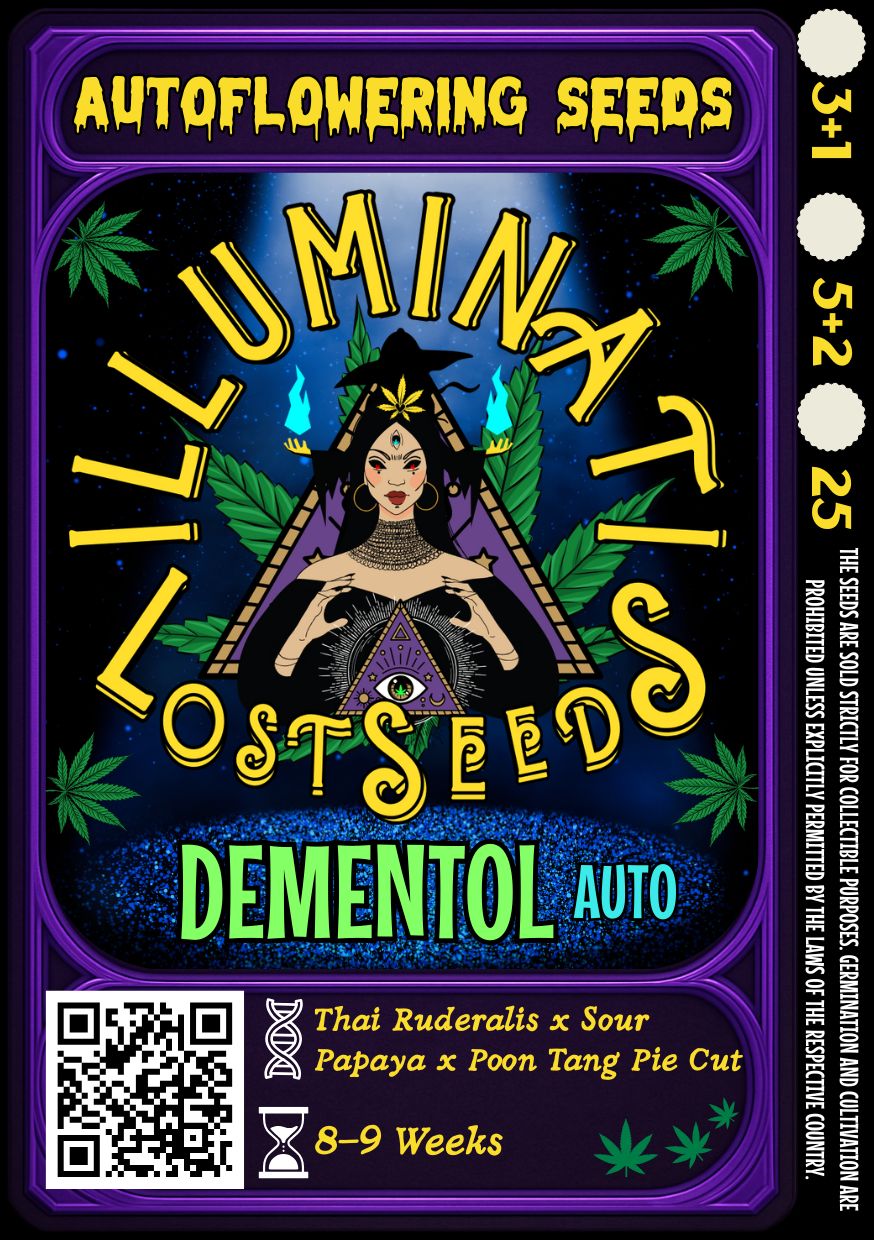 Colorful packaging design for Illuminati Lost Seeds Dementol Auto cannabis seeds, featuring mystical wizard graphics, glowing blue flames, cannabis leaves and product details for autoflowering genetics.