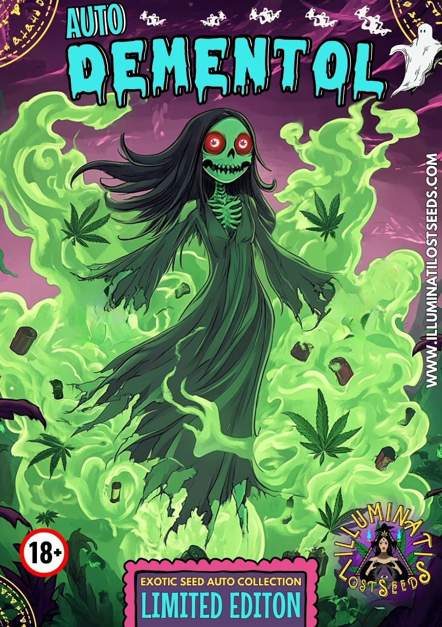 Colorful packaging art for Auto Dementol cannabis seeds by Illuminati Lost Seeds, featuring a ghostly green banshee rising amid swirling smoke and cannabis leaves, with bright branding, limited edition label and 18+ warning.