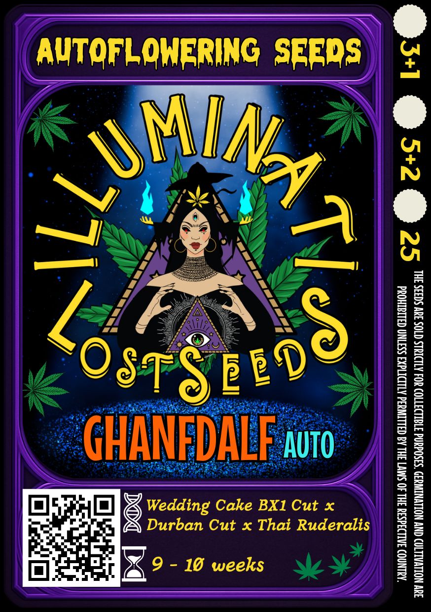 Colorful packaging design for Illuminati Lost Seeds Ghanfdalf Auto cannabis seeds, featuring mystical wizard graphics, glowing blue flames, cannabis leaves, and product details for autoflowering genetics.