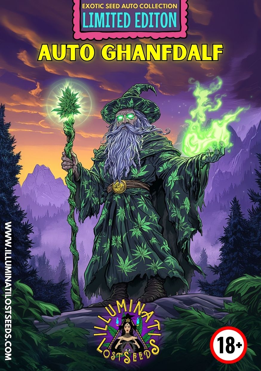 Illustration of a wizard dressed in cannabis leaf robes, holding a glowing staff topped with a cannabis bud and casting green magic, promoting 'Auto Ghanfdalf' exotic cannabis seeds from Illuminati Lost Seeds, set against a mystical mountain landscape.