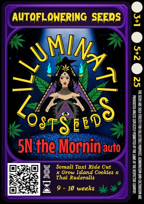 Colorful packaging for 5N theMornin Auto cannabis seeds by Illuminati Lost Seeds, featuring mystical symbols, cannabis leaves, bold psychedelic fonts, strain genetics, flowering duration and autoflowering label.